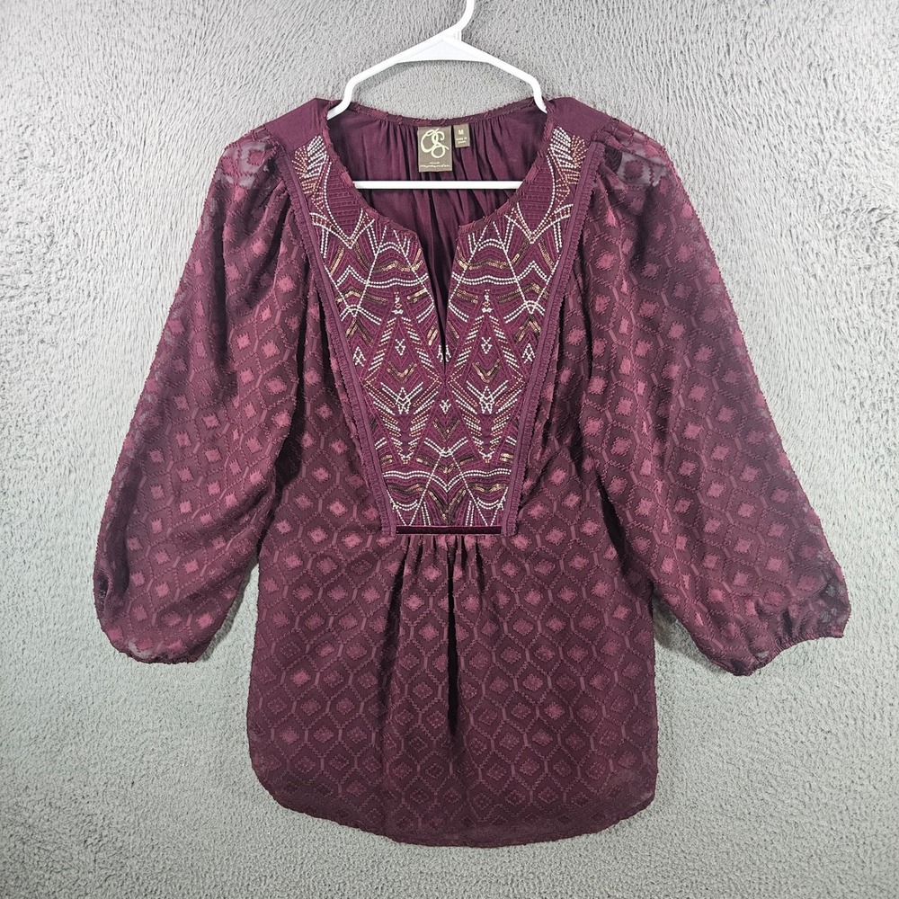One September Anthropologie Burgundy Embroidered Bib Blouse‎ Mens Size M